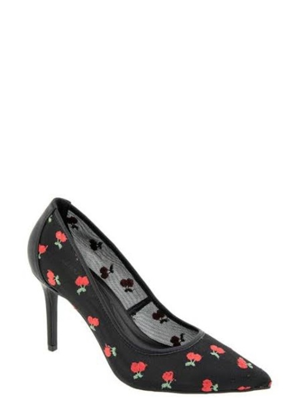 BCBG Black Pointed-Toe Pump with Red Floral Embroidery